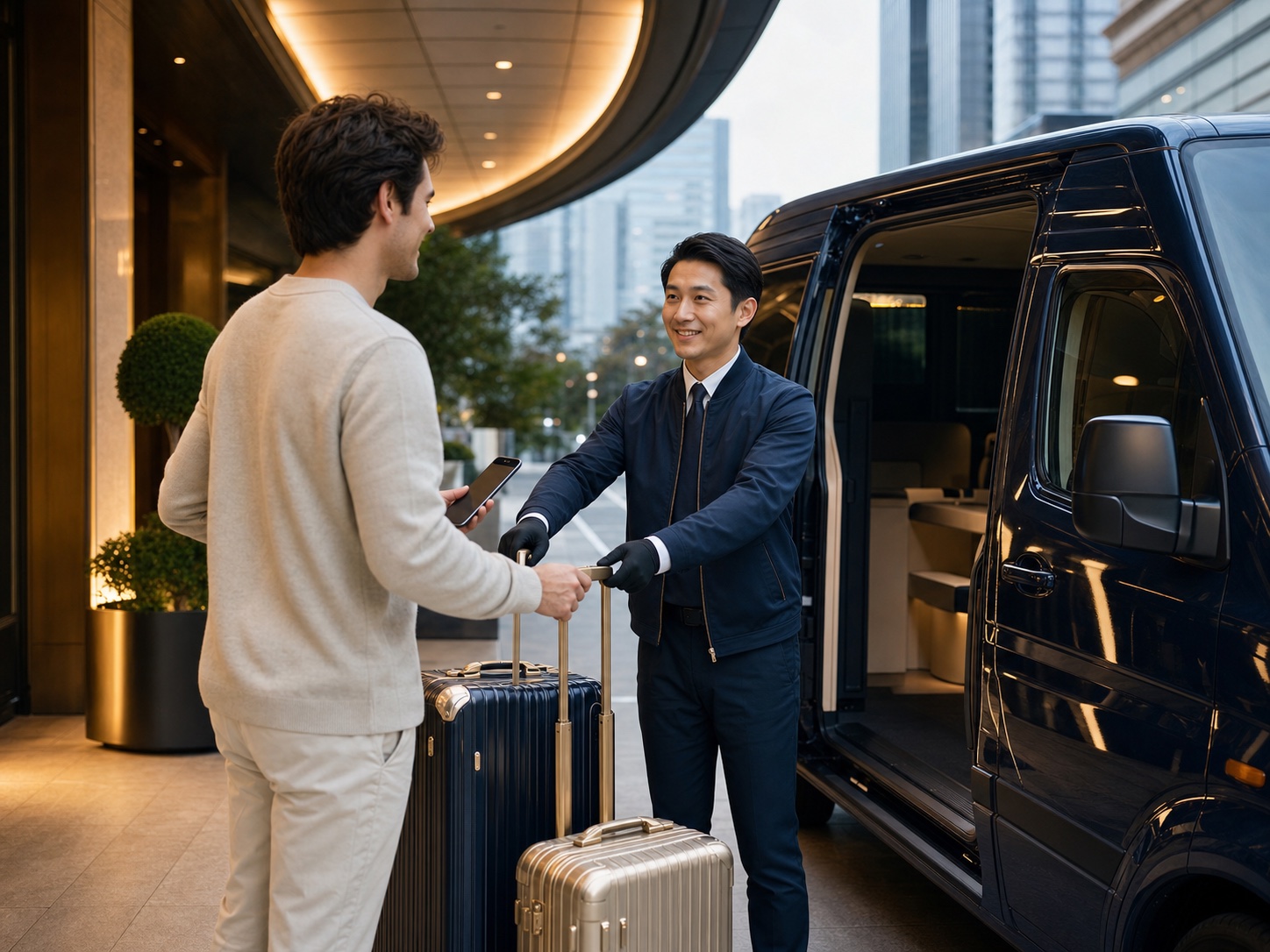 ホテル前で荷物を預ける旅行者