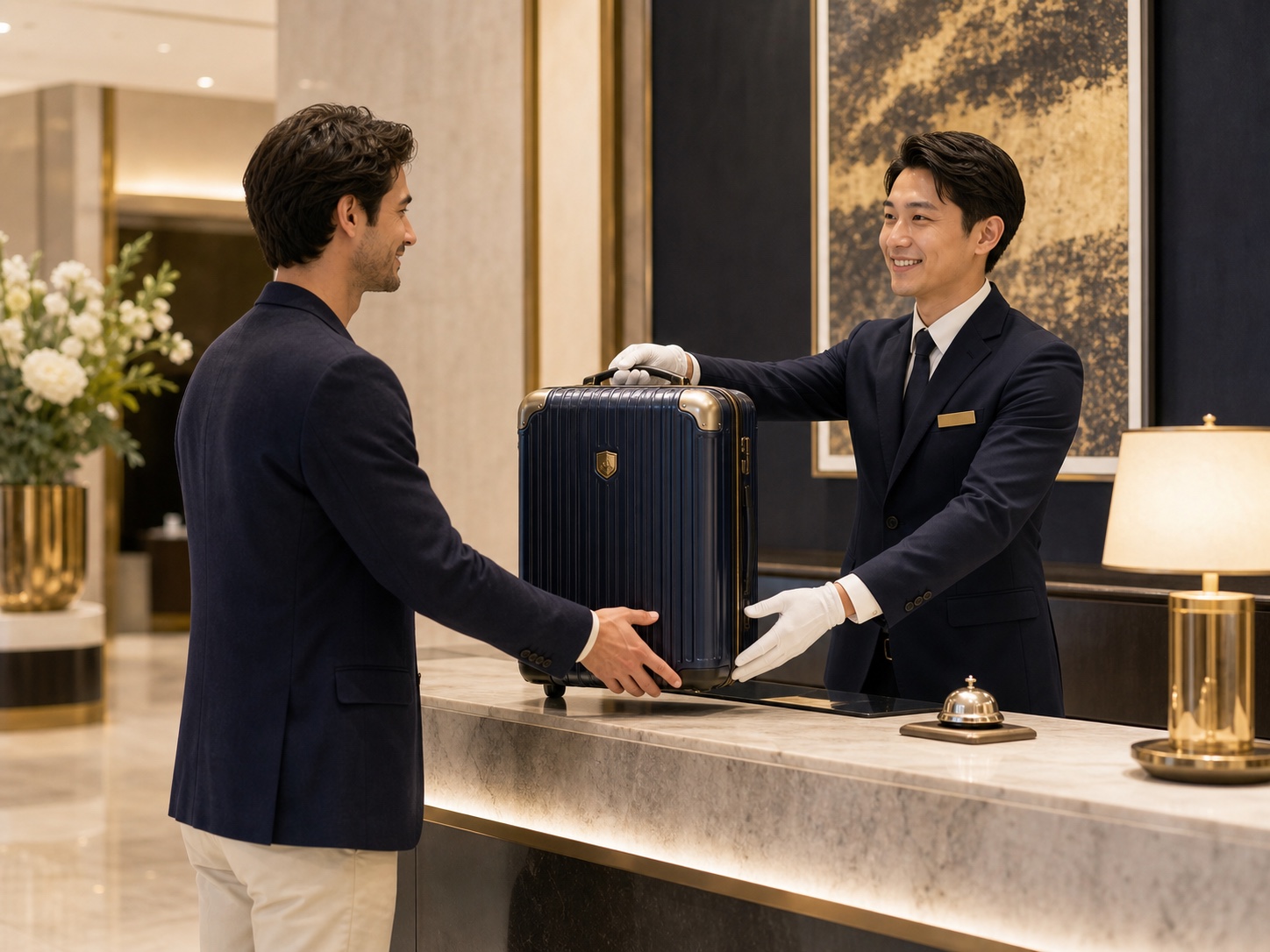 ホテルフロントで荷物を受け取る様子